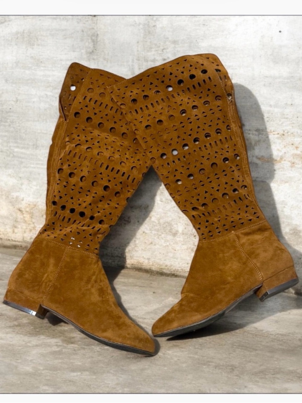 Knee-High Perforated Shaft Faux Suede Boots in Brown Size 9 New in Box